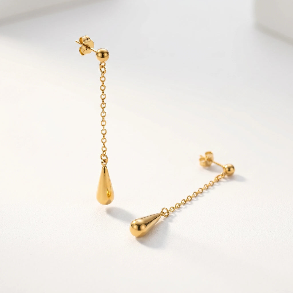 QIAOREN 10633 Minimalist Teardrop Stud Earrings Stainless Steel Gold Plated Long Chain for Ladies