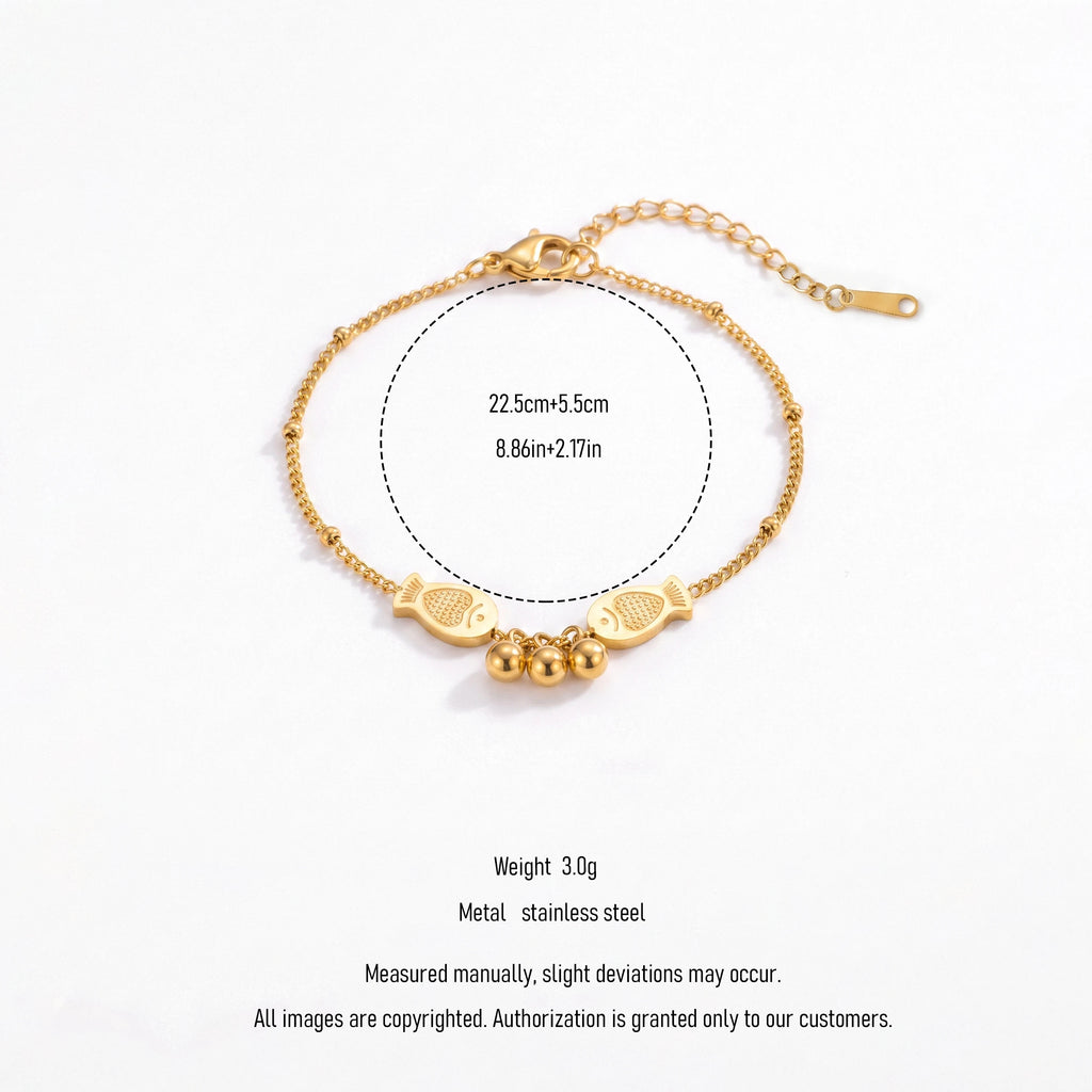 QIAOREN 14003 Beaded Cable Chain Anklet with Two Textured Fish Charms and Three Dangling Round Beads