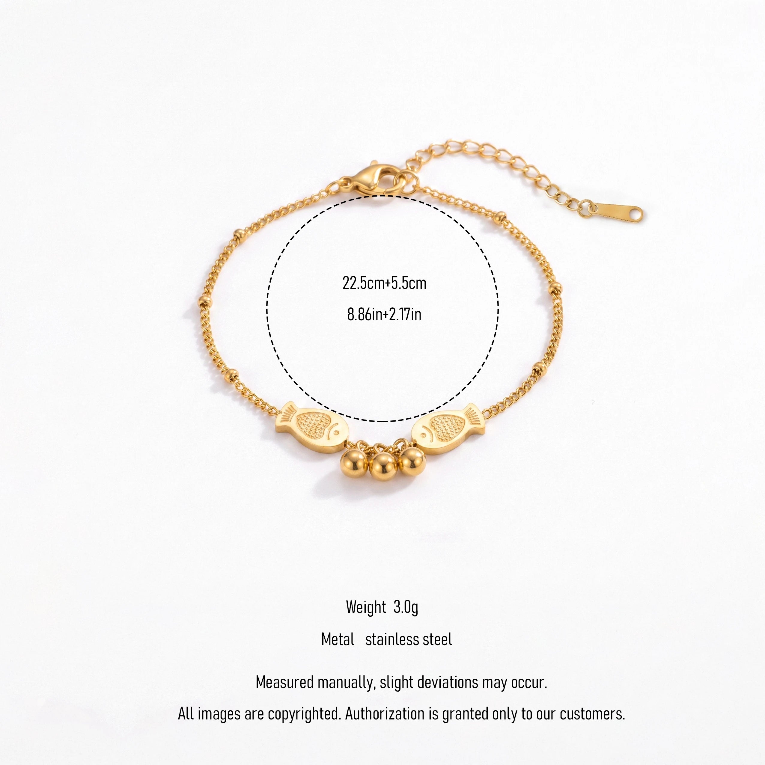 QIAOREN 14003 Beaded Cable Chain Anklet with Two Textured Fish Charms and Three Dangling Round Beads