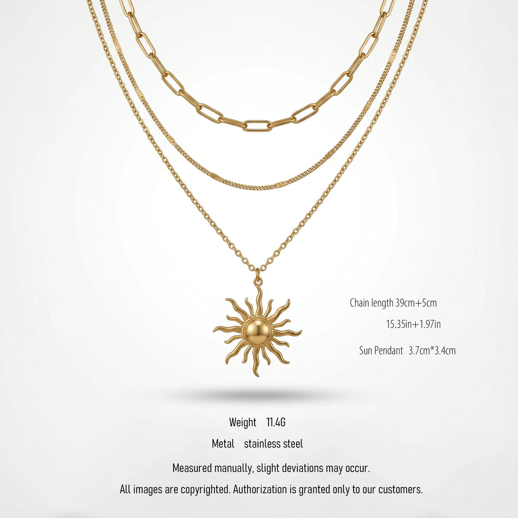 QIAOREN 10666 Ladies' Stainless Steel Necklace Pendant Gold-Plated Trendy Sun Pattern Multi-layer Geometric Link Design Inspired