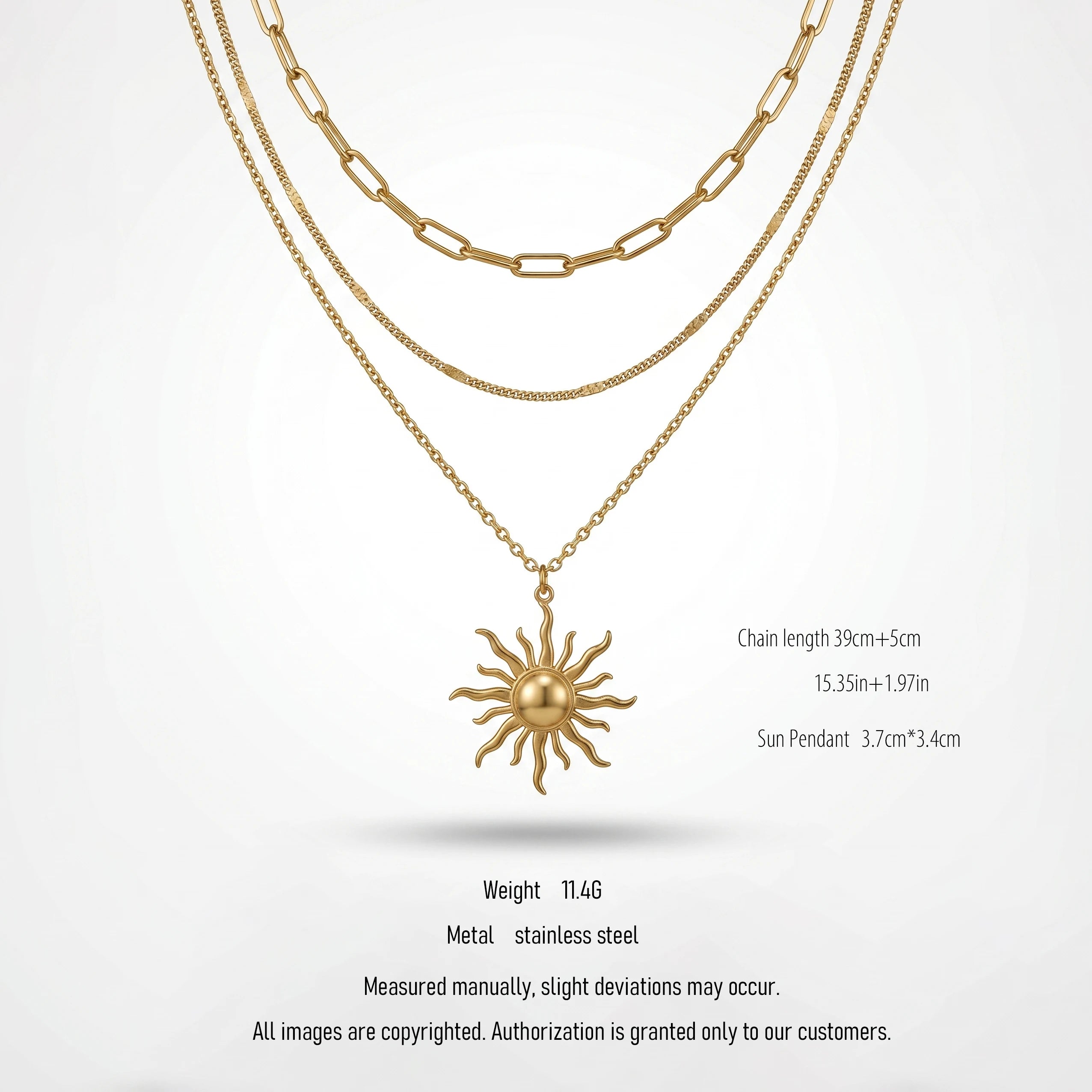 QIAOREN 10666 Ladies' Stainless Steel Necklace Pendant Gold-Plated Trendy Sun Pattern Multi-layer Geometric Link Design Inspired