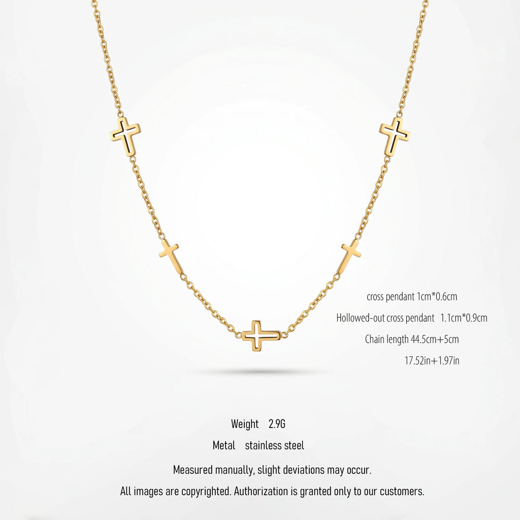 QIAOREN 10660 Multiple Hollow Cross Station Choker Necklace 18K Gold Plated Stainless Steel Link Chain Waterproof Jewelry