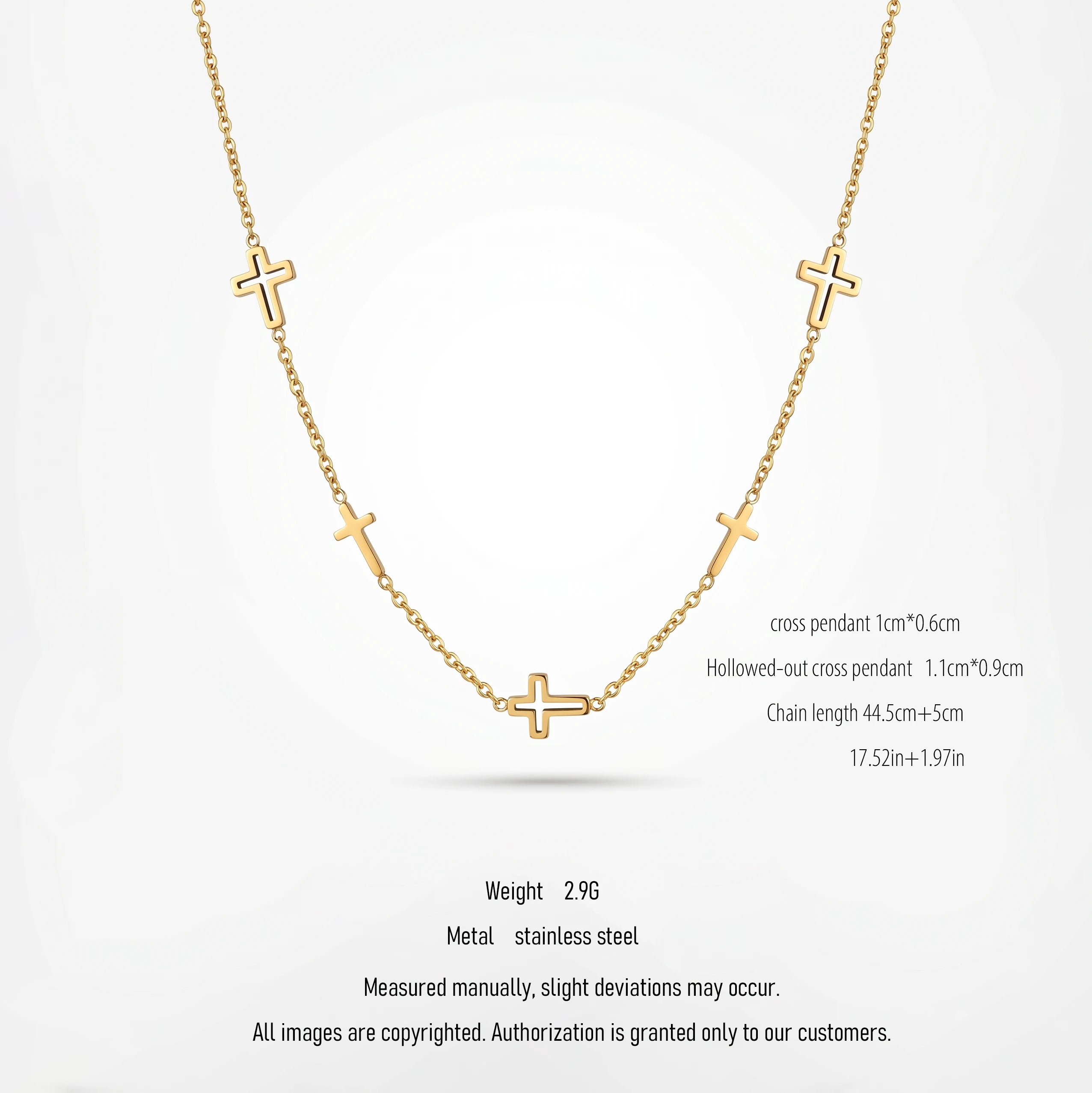 QIAOREN 10660 Multiple Hollow Cross Station Choker Necklace 18K Gold Plated Stainless Steel Link Chain Waterproof Jewelry