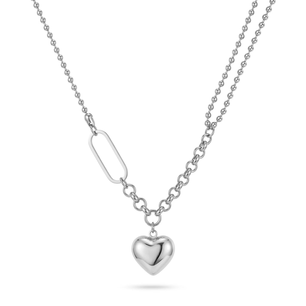 QIAOREN 11812 18K Gold Plated Stainless Steel Anti-Tarnish Hypoallergenic Mixed Bead & Paperclip Chain Heart Pendant Necklace