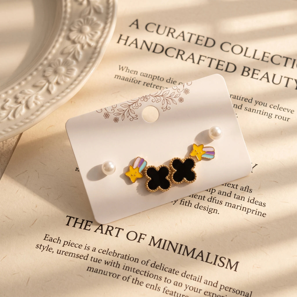 QIAOREN 14505 Stainless Steel Black Clover Shooting Star Pearl Tiny Studs Multi Pack Fashion Jewelry Gift