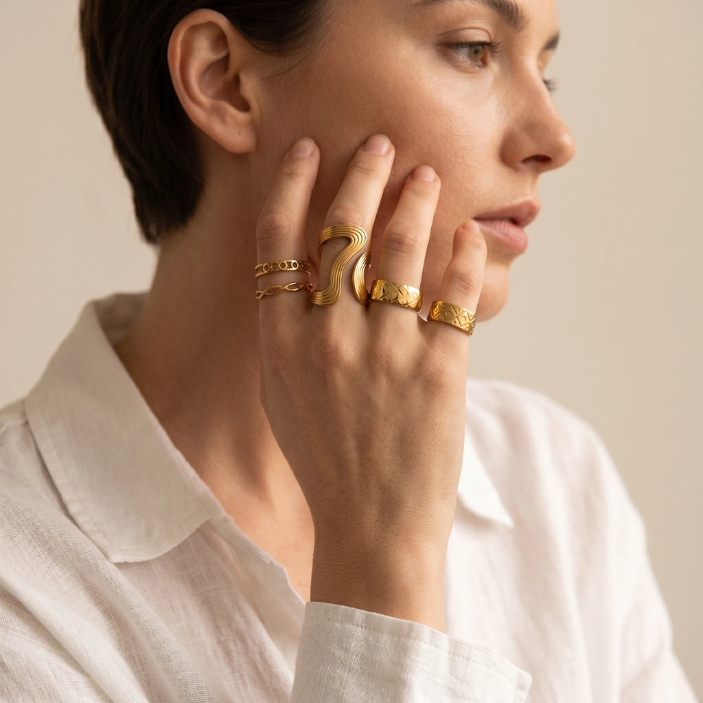 QIAOREN 5Pcs Vintage 18K PVD Gold Stainless Steel Rings Set Tarnish Free Adjustable Stackable Textured Open Cuff Rings for Women