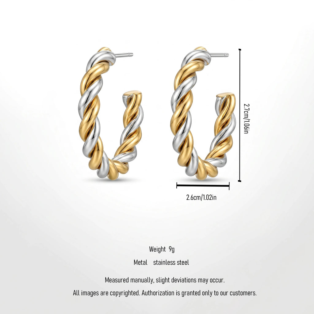 QIAOREN 12398 Elegant Quiet Luxury Mixed Metal Hoops Gold Silver Twisted Rope Stainless Steel Sinuous Chunky C Hoop Studs Gift