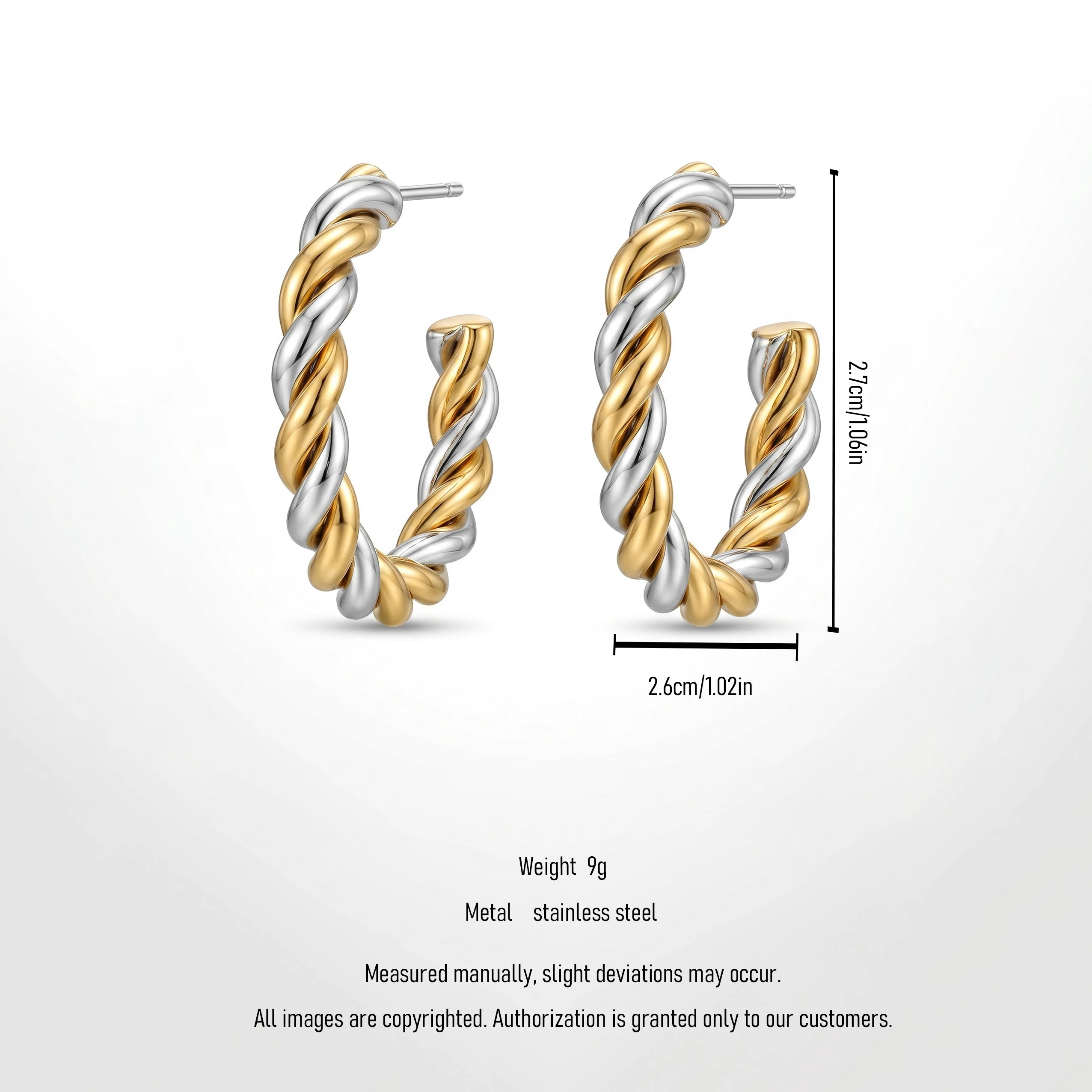 QIAOREN 12398 Elegant Quiet Luxury Mixed Metal Hoops Gold Silver Twisted Rope Stainless Steel Sinuous Chunky C Hoop Studs Gift