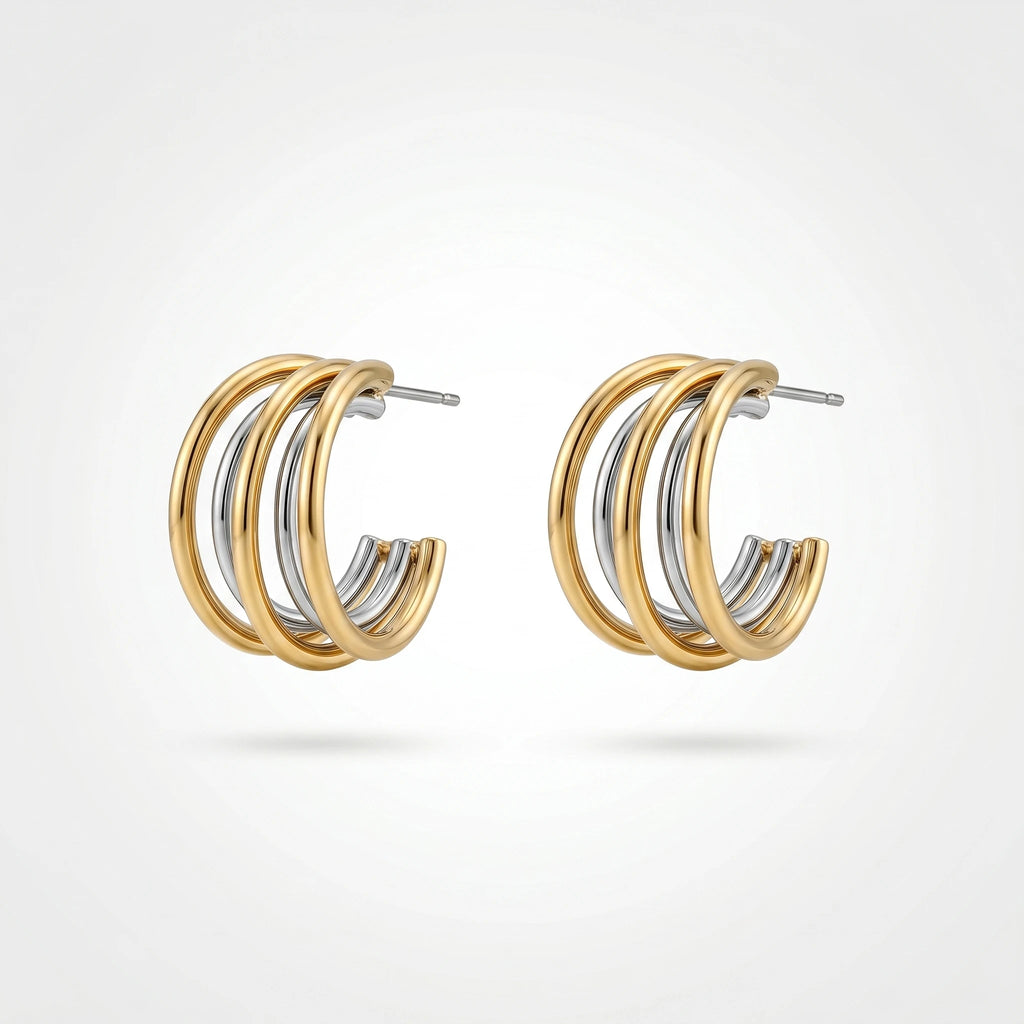 QIAOREN 12760 Waterproof Bi-Color Multi Strand Open C Earrings Stainless Steel Mixed Metal Layered Hoop Daily Ladies Accessory