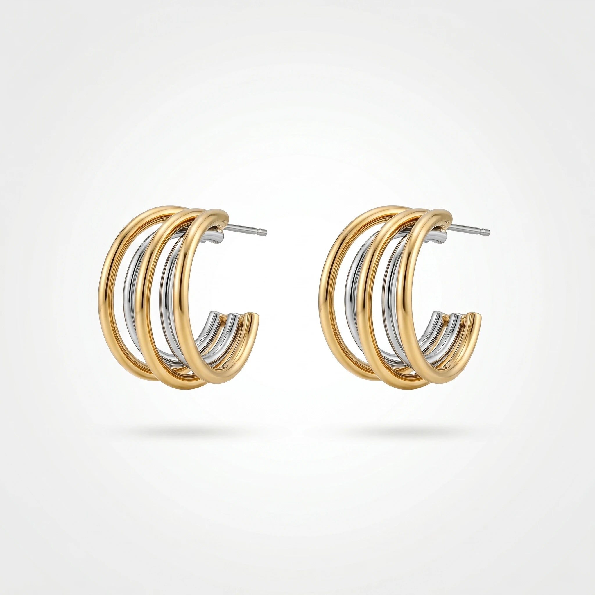 QIAOREN 12760 Waterproof Bi-Color Multi Strand Open C Earrings Stainless Steel Mixed Metal Layered Hoop Daily Ladies Accessory