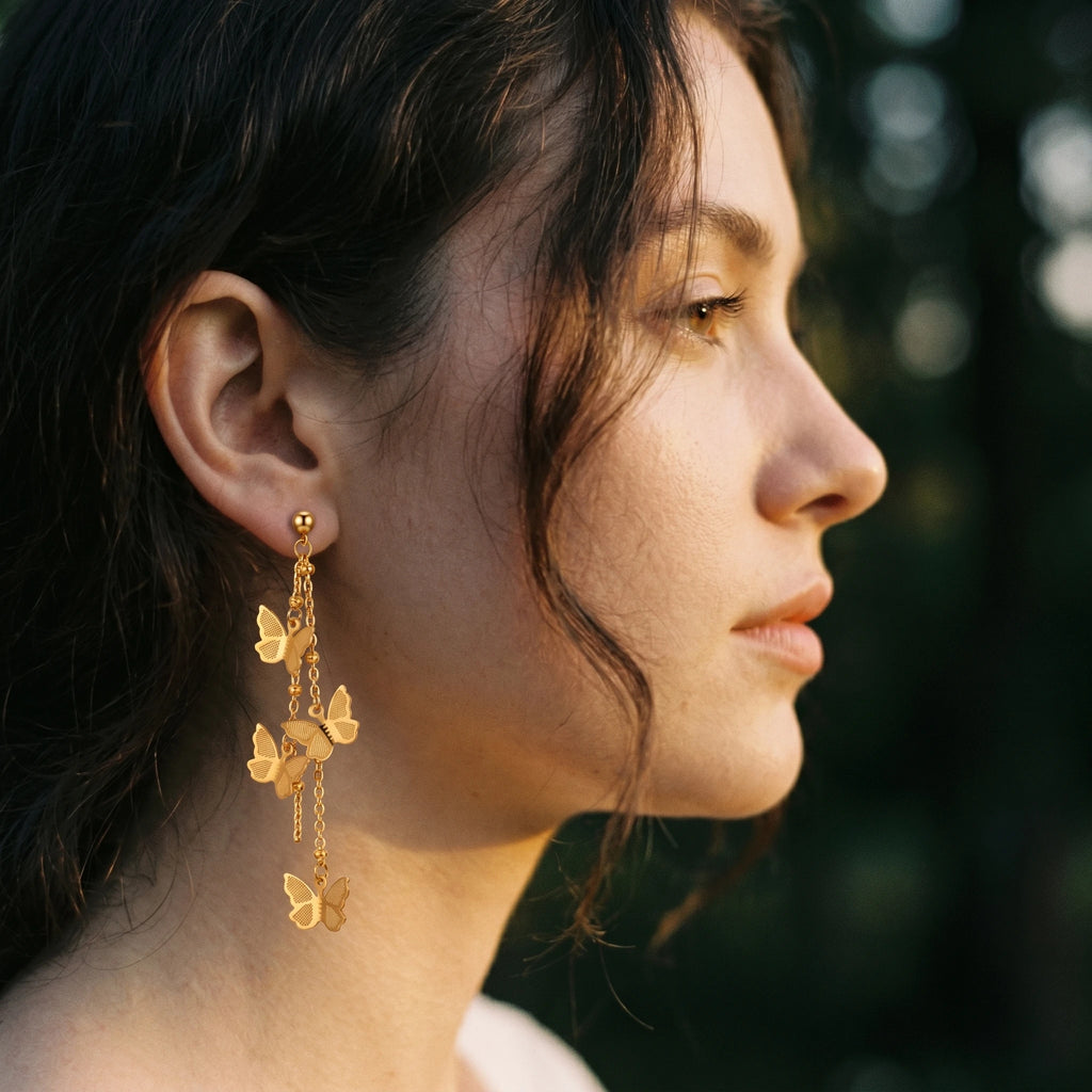 QIAOREN 10788 Dainty Long Tassel Butterfly Dangle Earrings 18K Gold Plated Stainless Steel Waterproof Non Tarnish Women Jewelry