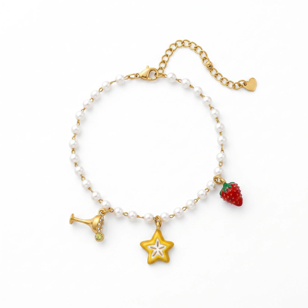 QIAOREN 13333 Sweet Party Pearl Anklet with Wine Glass, Hollow Star & Strawberry Charms, Cute Summer Foot Jewelry Gift