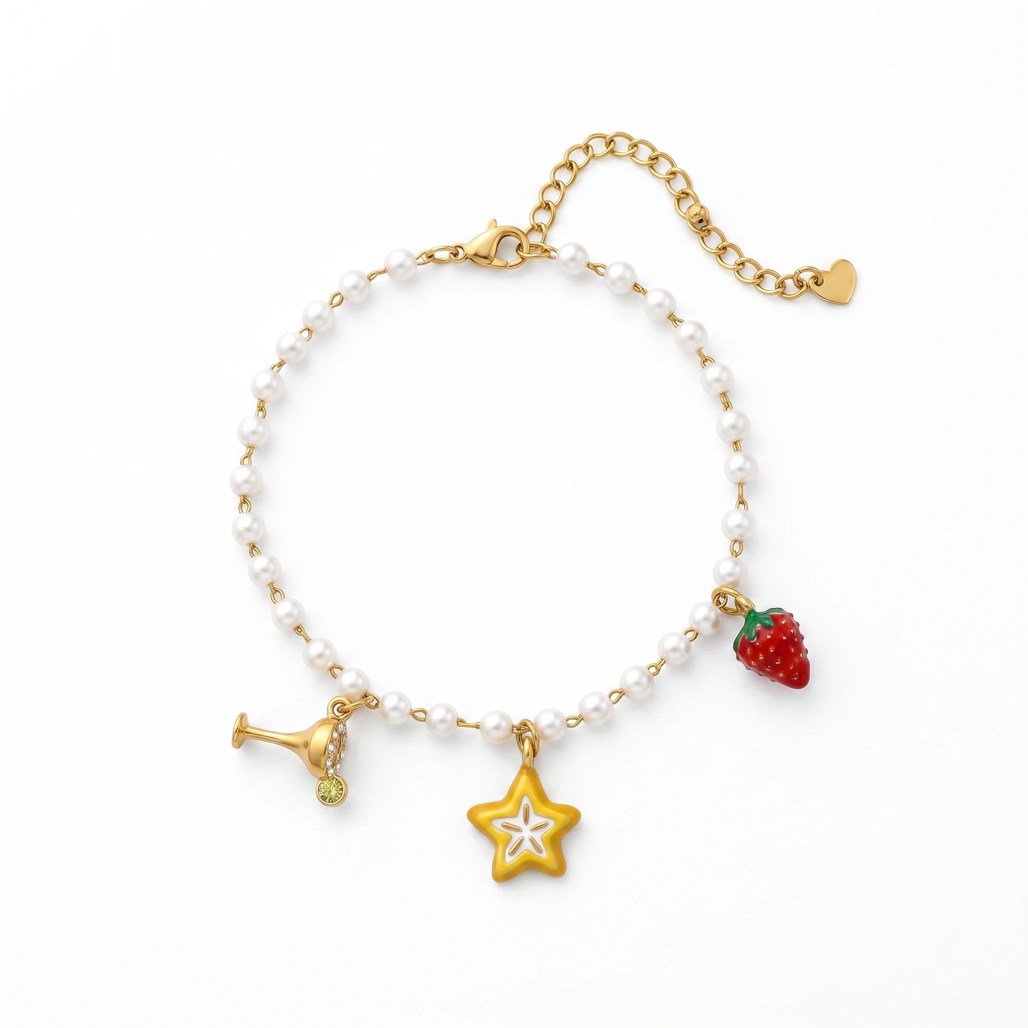 QIAOREN 13333 Sweet Party Pearl Anklet with Wine Glass, Hollow Star & Strawberry Charms, Cute Summer Foot Jewelry Gift