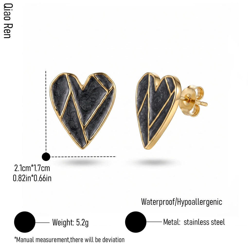 QIAOREN 14085-14087 Stainless Steel Heart Stud Earrings Gold Waterproof Hypoallergenic Statement Jewelry