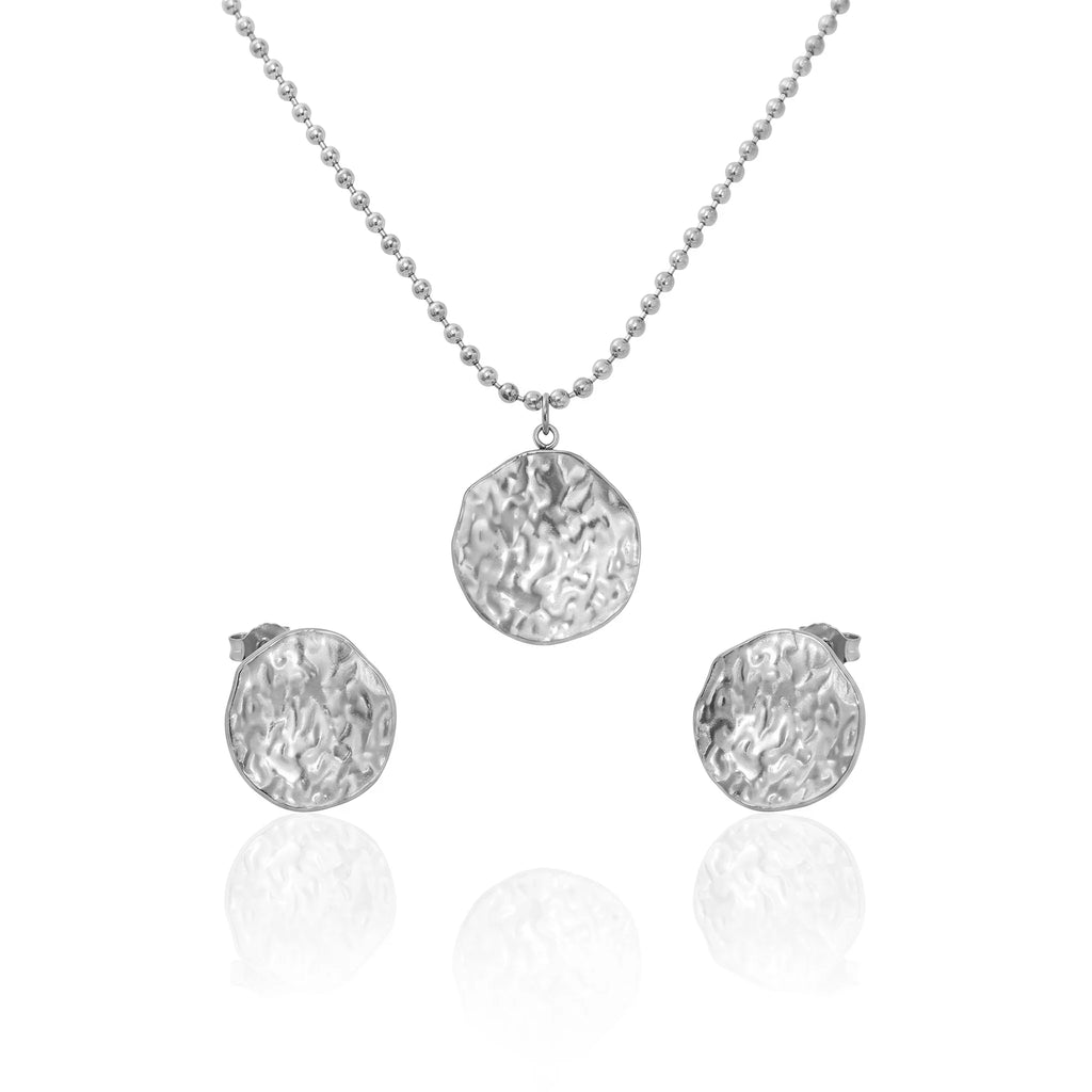 QIAOREN 11694 Tarnish Free 18K Gold Stainless Steel Hammered Disc Jewelry Set Ball Chain Necklace & Stud Earrings
