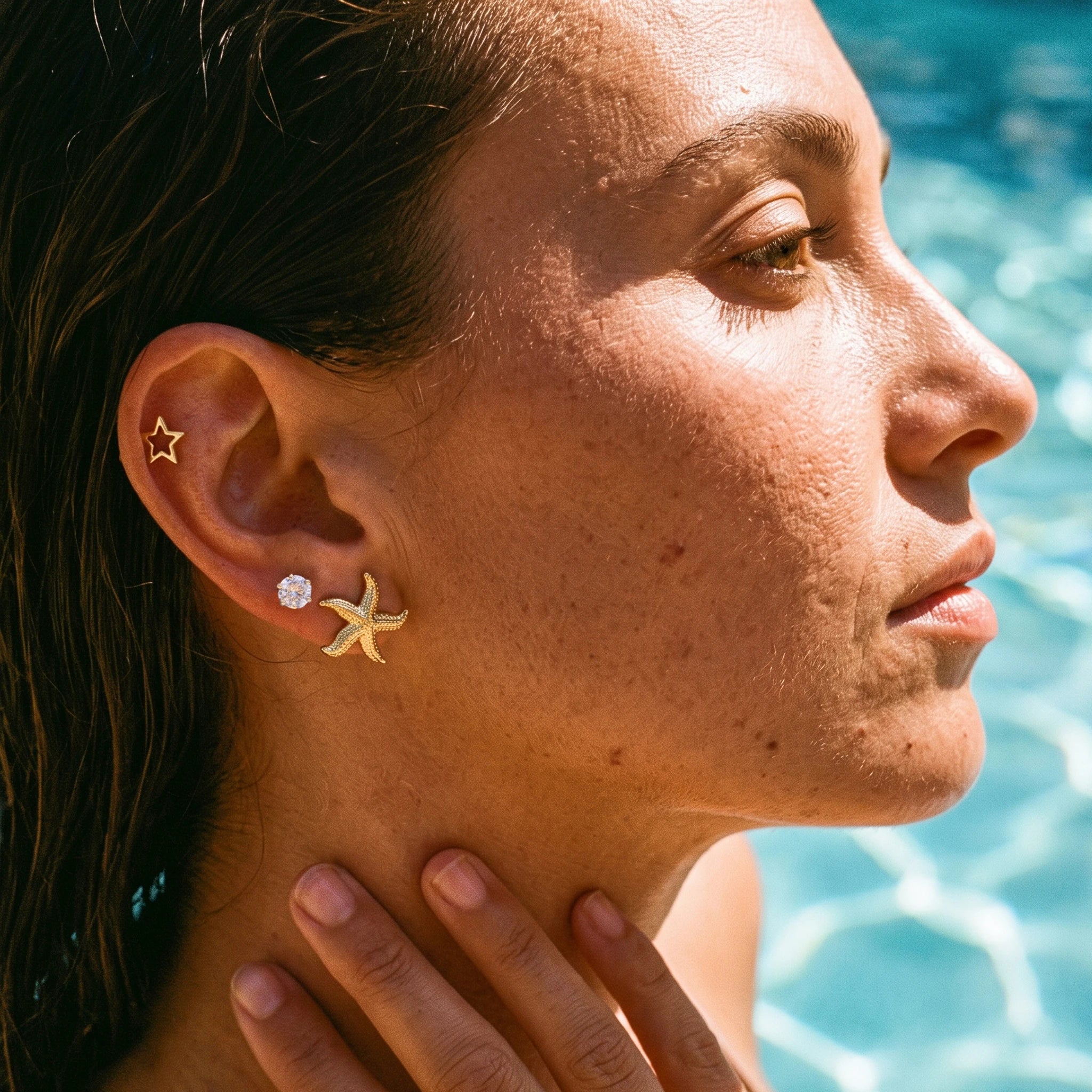 QIAOREN 13253 3 PCS Set 18K Gold Plated Stainless Steel 3 Pairs Star  & CZ Stud Earrings Set Hollow Solid Sea Shell Zircon