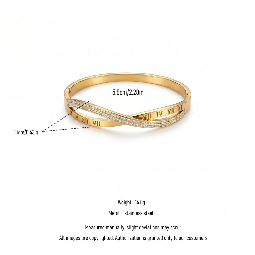 QIAOREN 13667 Twisted Interlock Spring Cuff Bangle Engraved Roman Numerals with Full Paved Clear Zircon