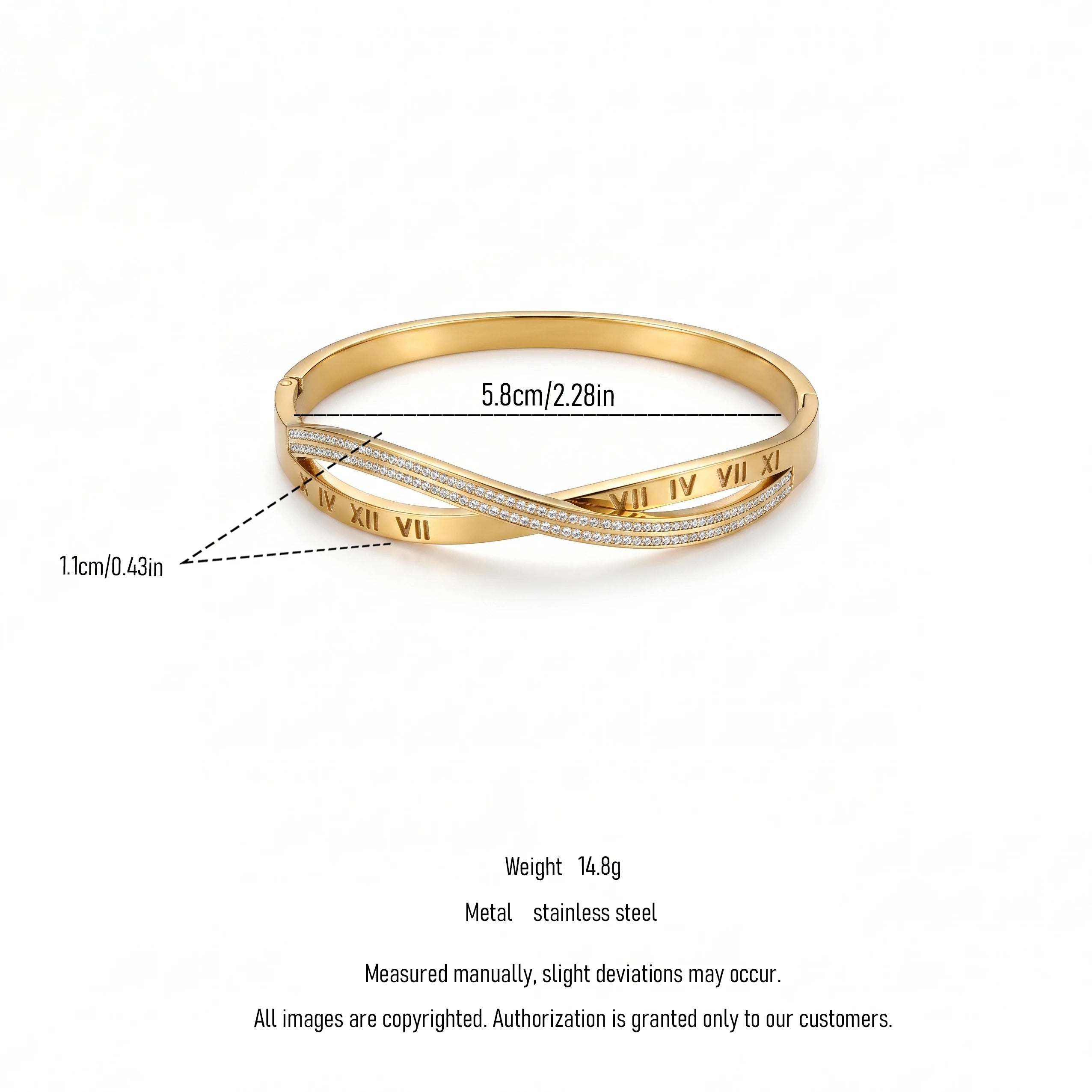 QIAOREN 13667 Twisted Interlock Spring Cuff Bangle Engraved Roman Numerals with Full Paved Clear Zircon