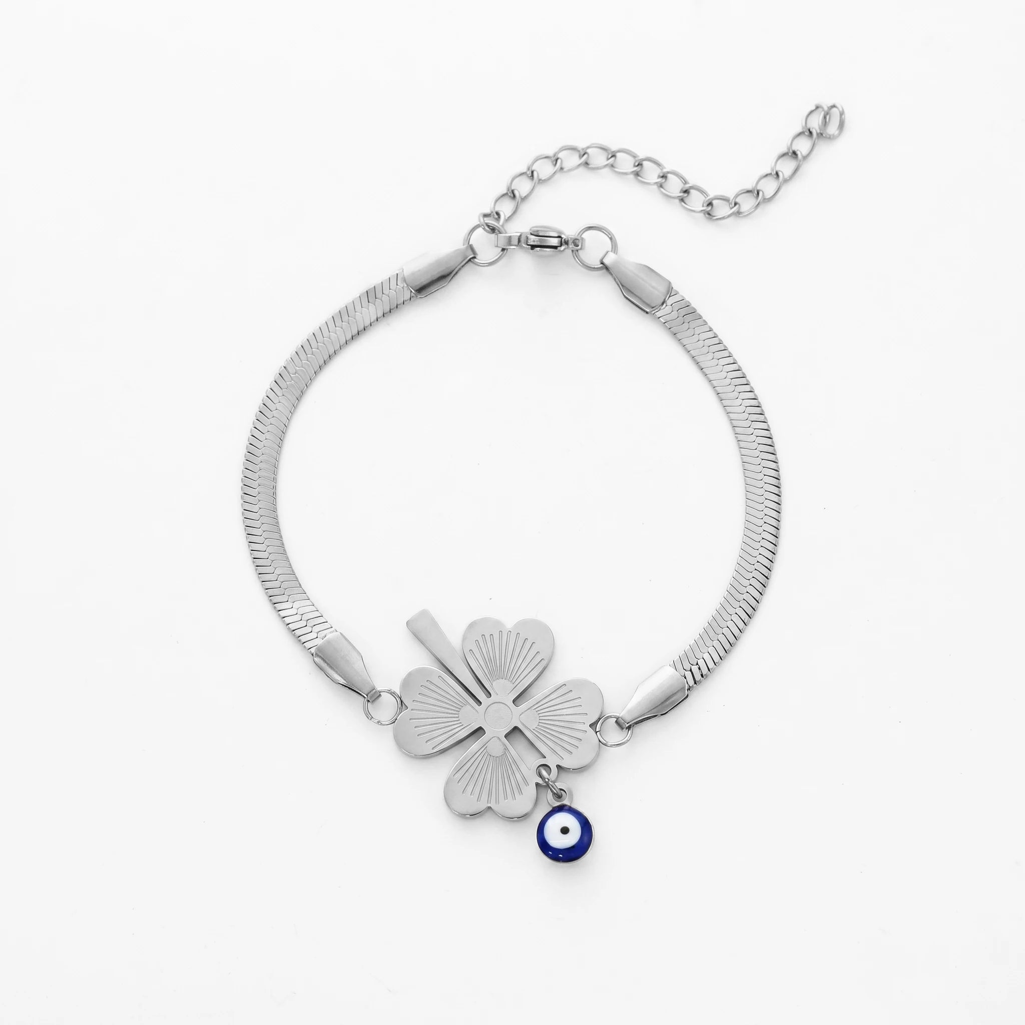 QIAOREN 12779 Stainless Steel Gold Snake Chain Bracelet Four Leaf Clover  Adjustable Women Wrist Jewelry