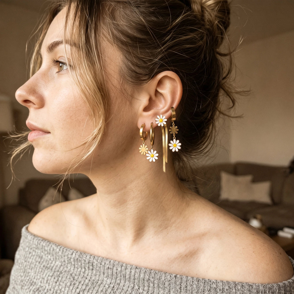 QIAOREN 14488 Daisy Tassel Stainless Steel Enamel Flower Drop Earring Pack, Gold Multi-style Huggie Hoops Stud Earrings