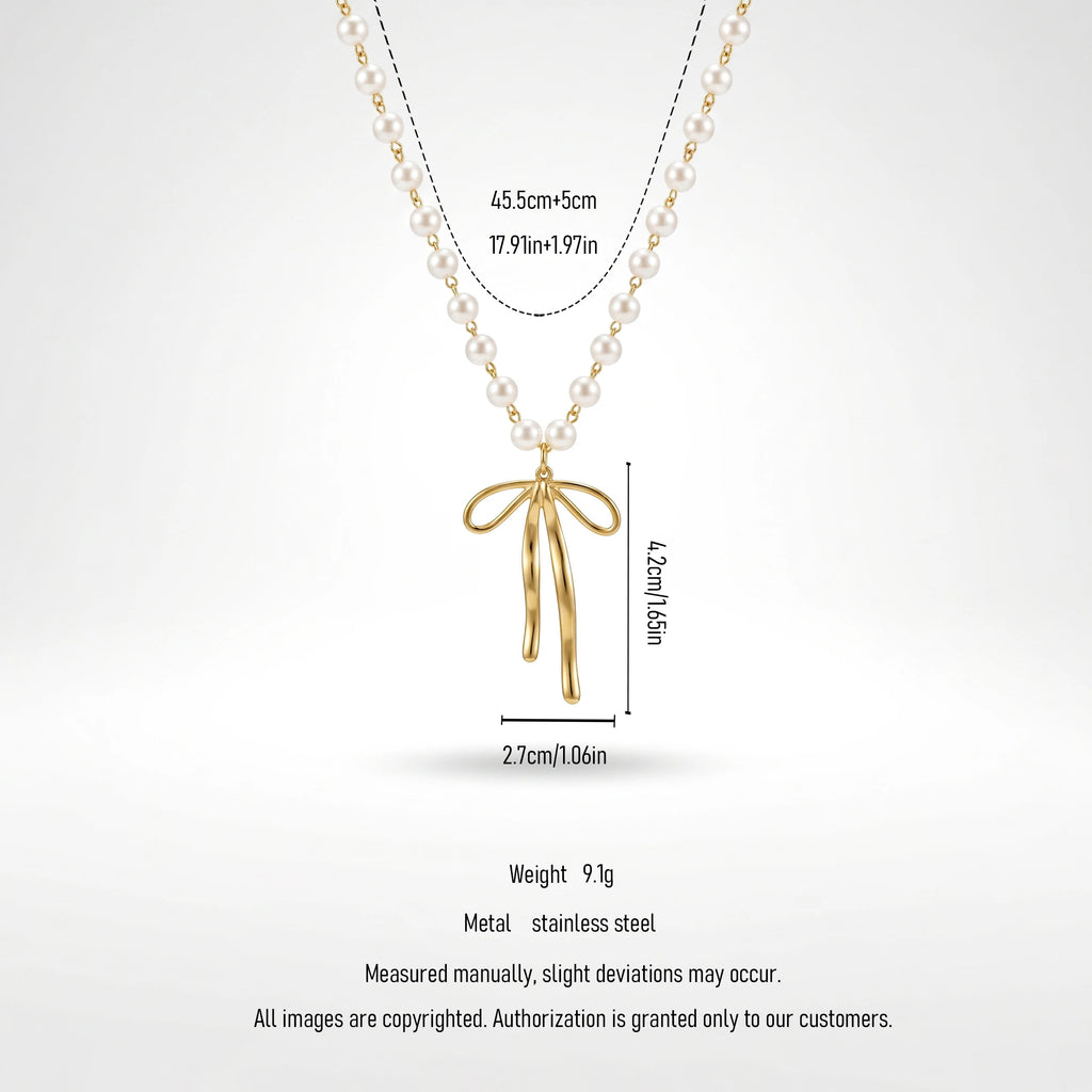 QIAOREN 11963 Wholesale 18K Gold Plated Stainless Steel Necklace Elegant Long Tail Bowknot Pendant Imitation Pearl
