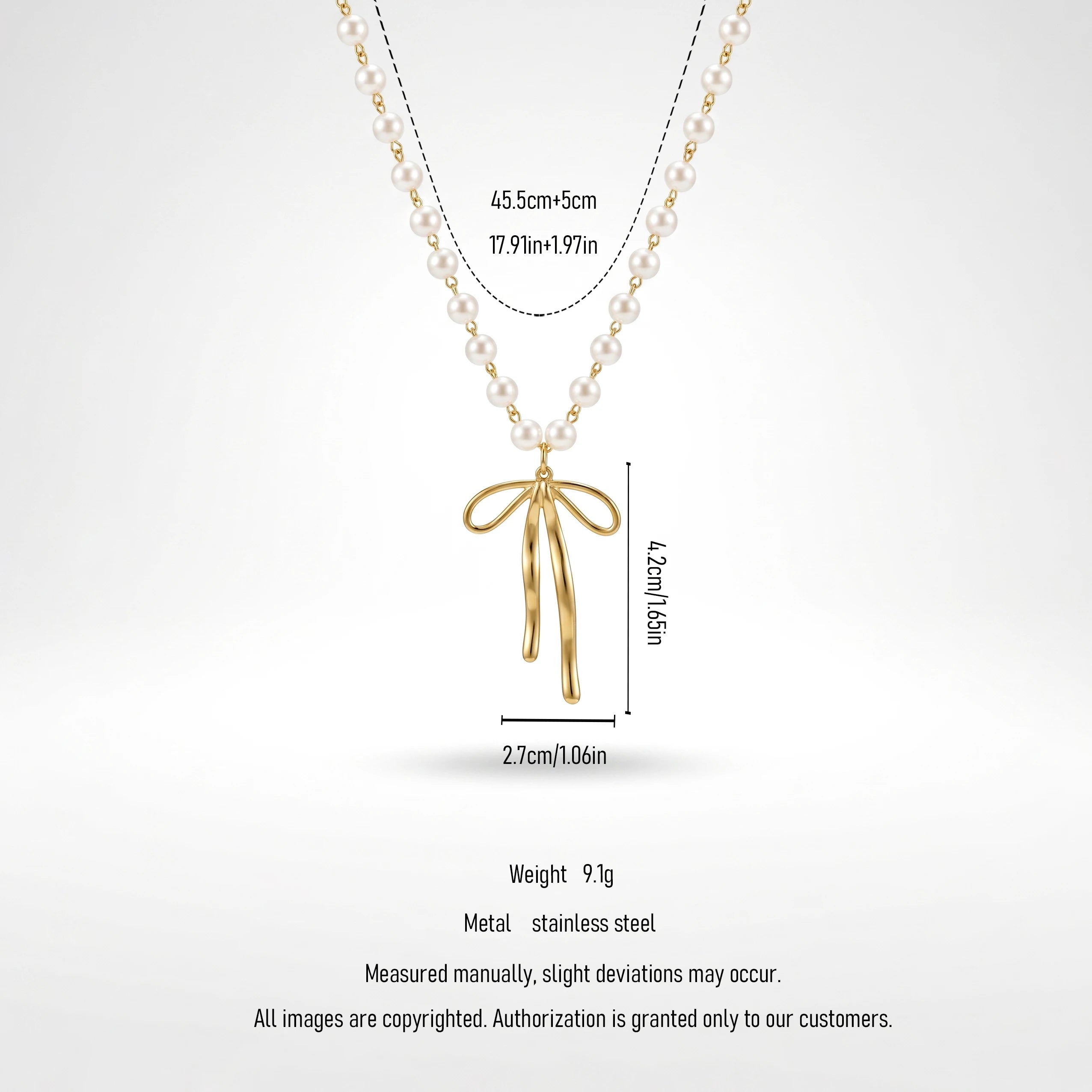 QIAOREN 11963 Wholesale 18K Gold Plated Stainless Steel Necklace Elegant Long Tail Bowknot Pendant Imitation Pearl