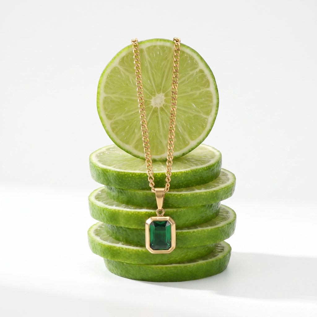 QIAOREN 14375 Emerald Cut Green Zirconia Rectangle Pendant Curb Chain Necklace, Stainless Steel Jewelry Gift