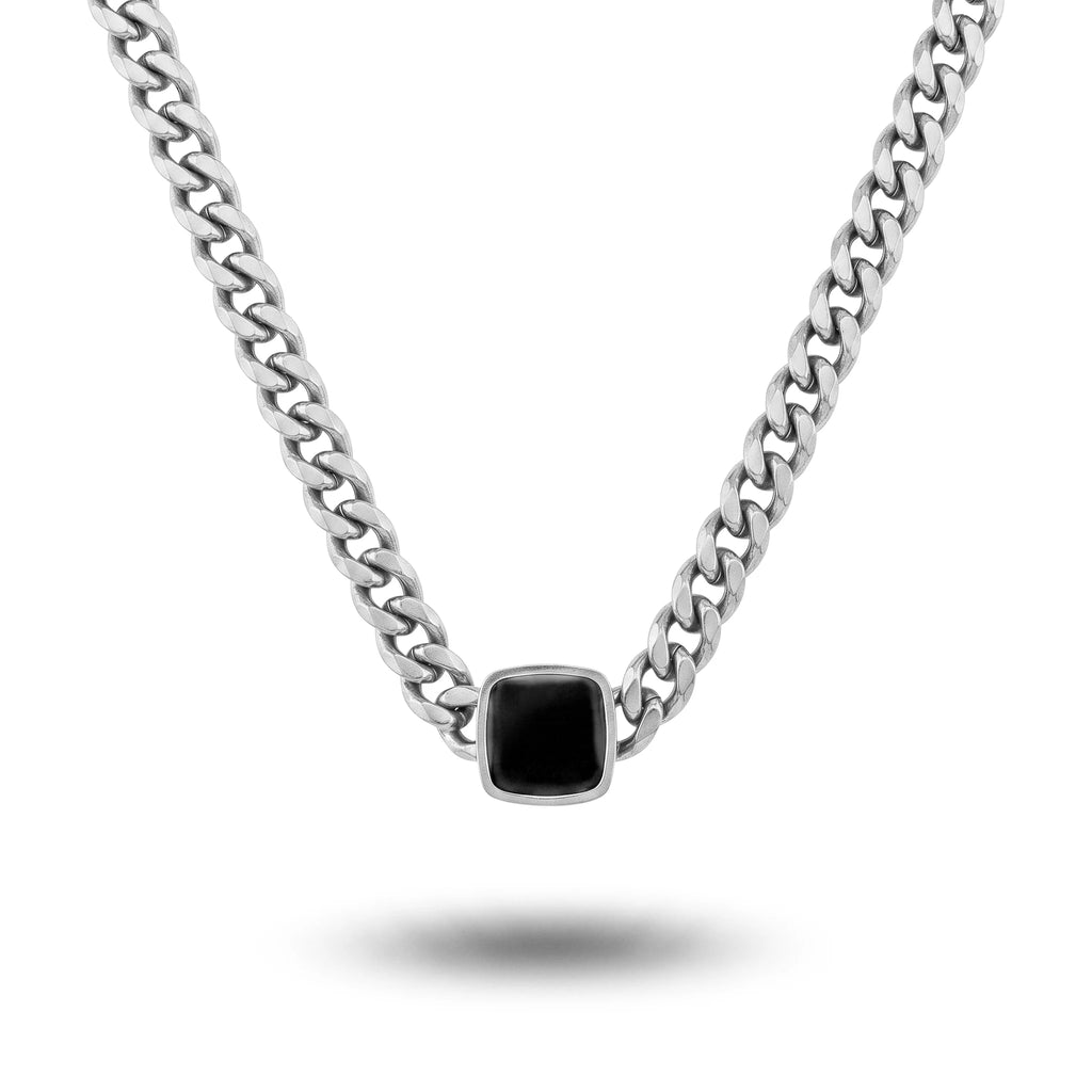 QIAOREN 10782 Vintage Black Geometric Pendant Cuban Link Necklace 18K Gold Plated Stainless Steel Waterproof  Style Jewelry