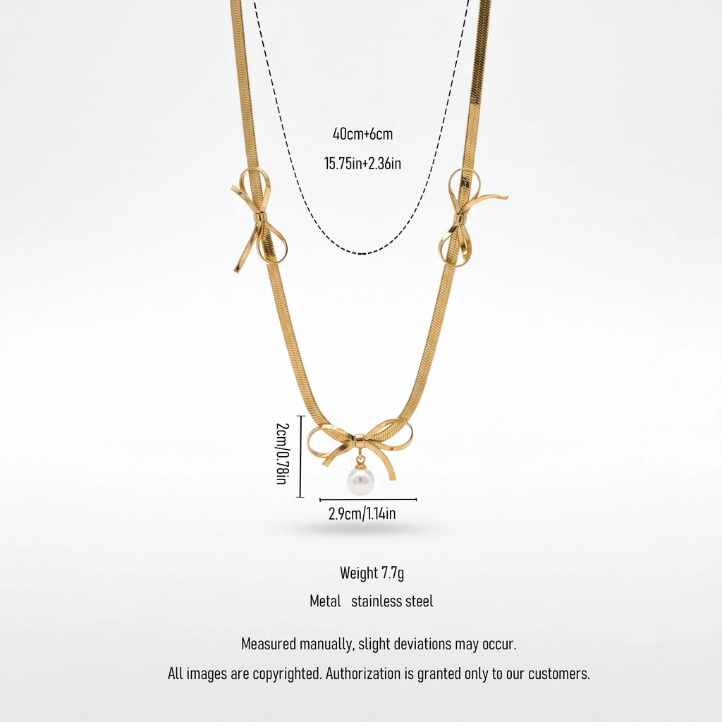 QIAOREN 13752 Flat Herringbone Snake Choker Necklace with Three Metal Bow Charms Hanging Single White Pearl