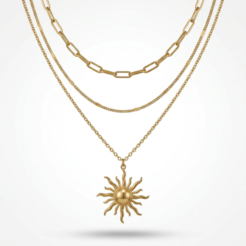 QIAOREN 10666 Ladies' Stainless Steel Necklace Pendant Gold-Plated Trendy Sun Pattern Multi-layer Geometric Link Design Inspired