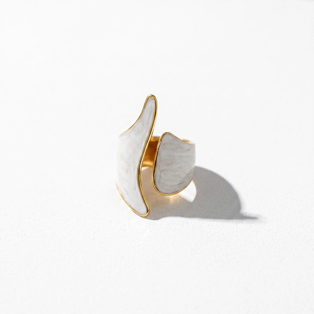 QIAOREN 14232-38 White Enamel Irregular Wave Open Ring Set, Abstract Curved Adjustable Stackable Ring Jewelry Gift