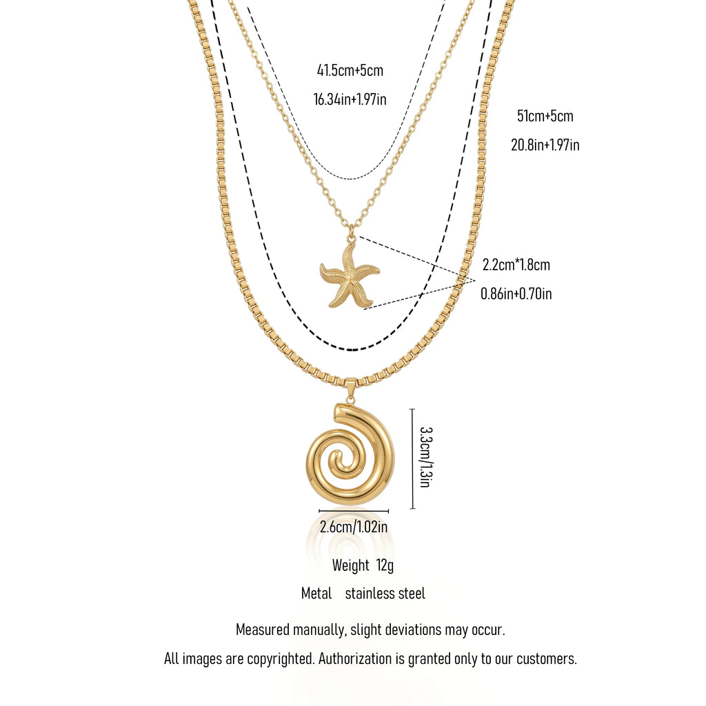 QIAOREN 11511 Stainless Steel Double Layer Necklace Starfish Conch Pendant Box Chain Adjustable Gold Beach Jewelry for Women
