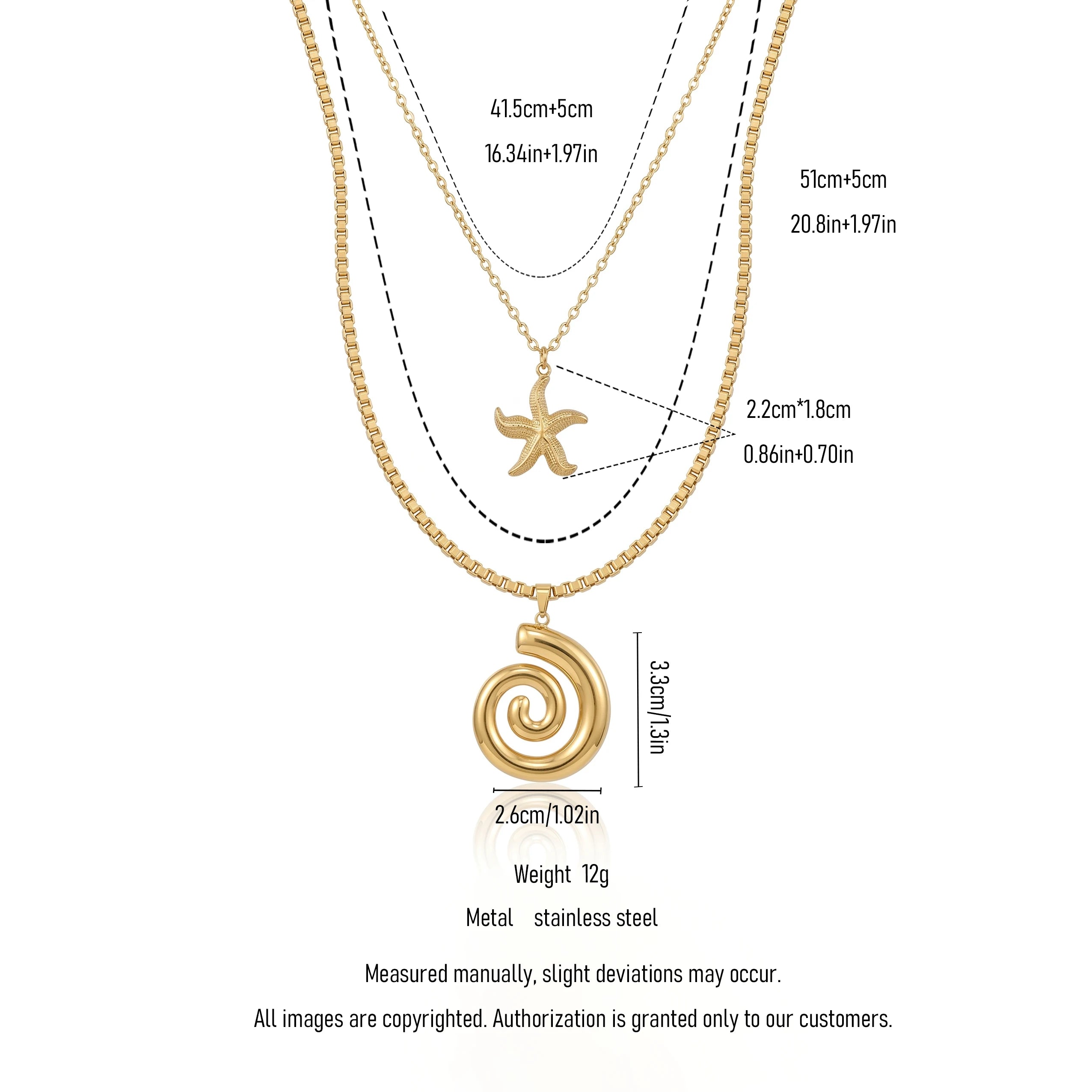 QIAOREN 11511 Stainless Steel Double Layer Necklace Starfish Conch Pendant Box Chain Adjustable Gold Beach Jewelry for Women