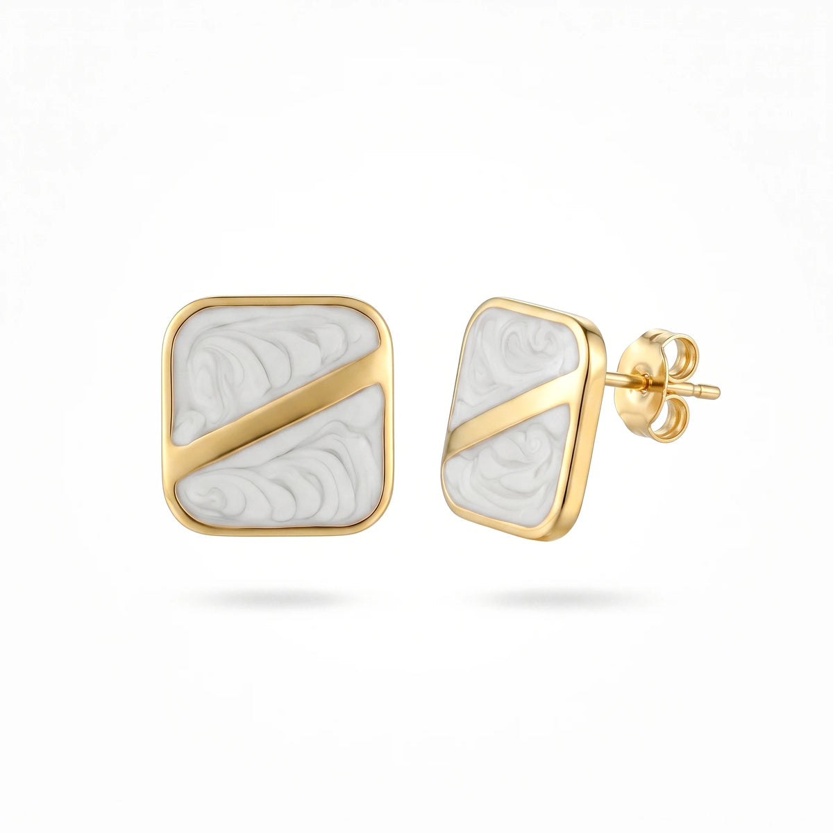 QIAOREN 13642-46 Geometric Square Marble Resin Stud Earring Set, Diagonal Gold Line Gloss Inlay Gold Frame