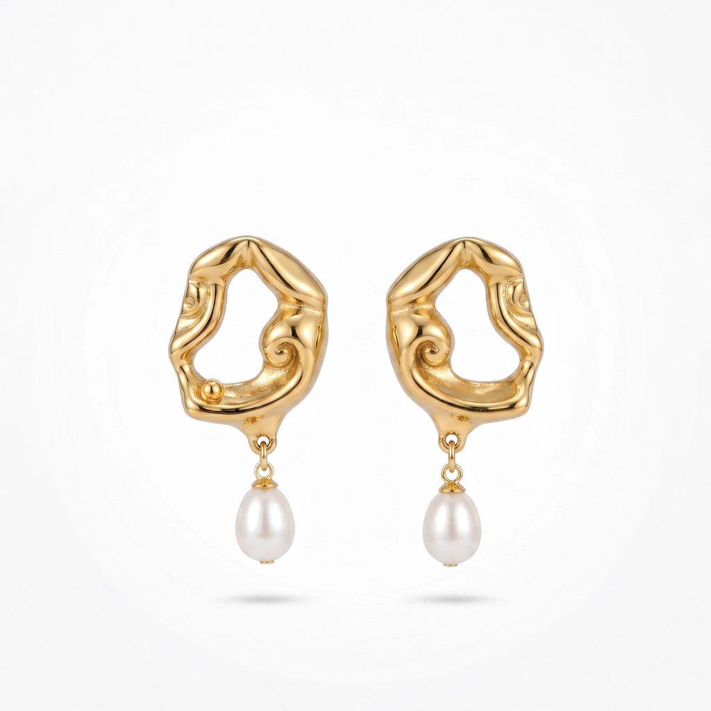 QIAOREN 12522  Avant-Garde Molten Metal Teardrop Pearl Earrings Stainless Steel Gold Irregular Statement Jewelry