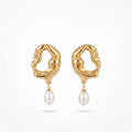 QIAOREN 12522  Avant-Garde Molten Metal Teardrop Pearl Earrings Stainless Steel Gold Irregular Statement Jewelry