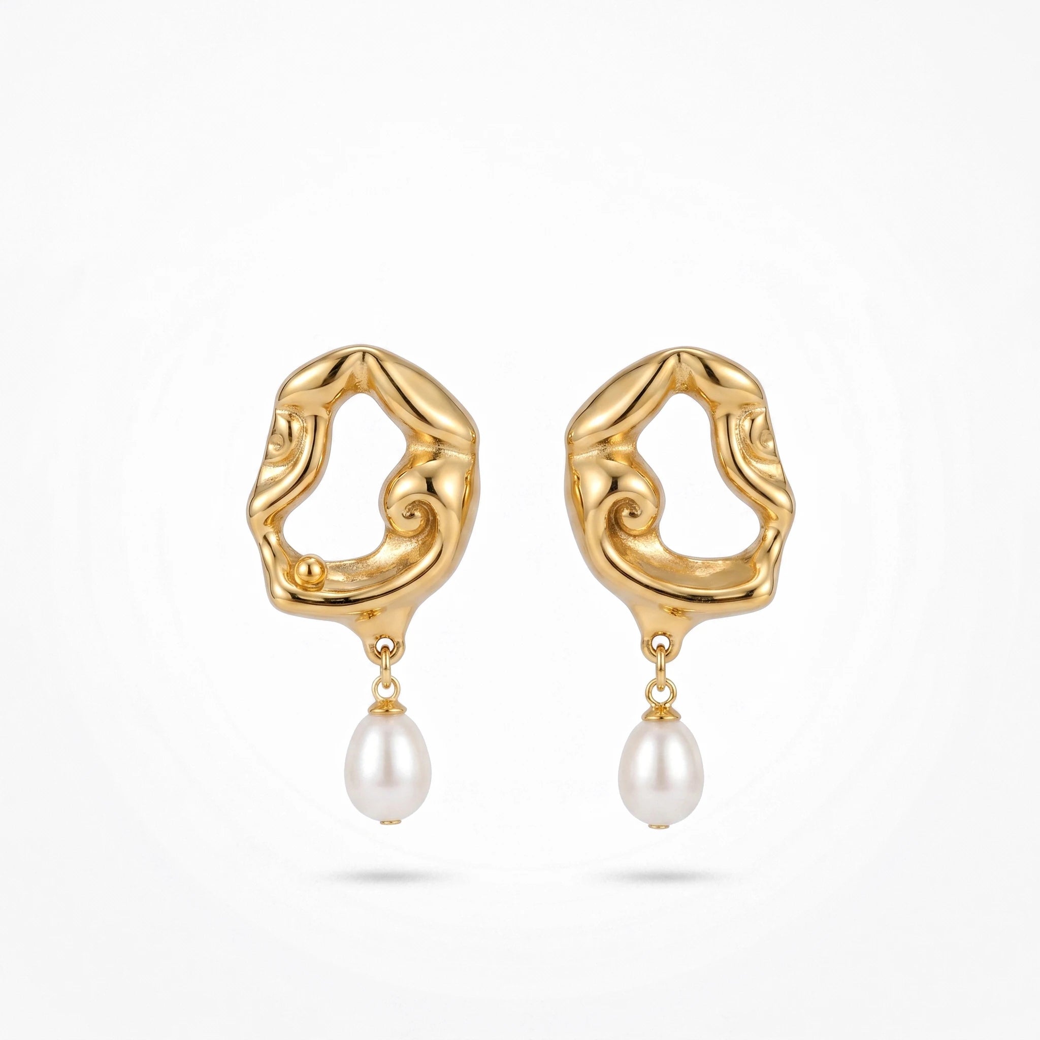QIAOREN 12522  Avant-Garde Molten Metal Teardrop Pearl Earrings Stainless Steel Gold Irregular Statement Jewelry