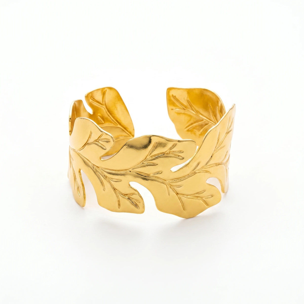 QIAOREN 18K Gold Polished Interconnected 3D Oak Leaf Wide Open Cuff Bracelet Stainless Steel Adjustable Stackable Autumn