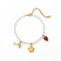 QIAOREN 13333 Sweet Party Pearl Anklet with Wine Glass, Hollow Star & Strawberry Charms, Cute Summer Foot Jewelry Gift