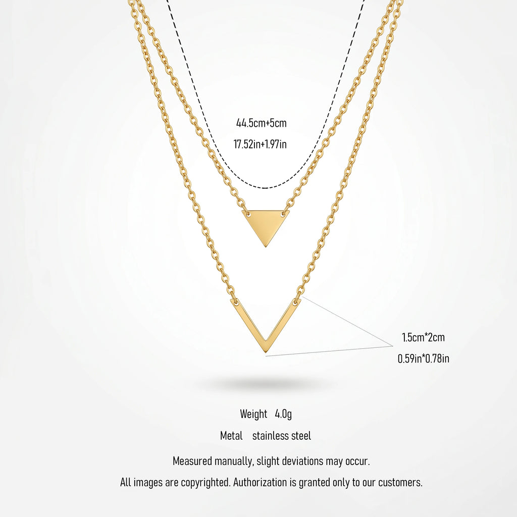 QIAOREN 11799 18K Gold Plated Stainless Steel Tarnish-Resistant Geometric Double Layer Triangle & Chevron Necklace