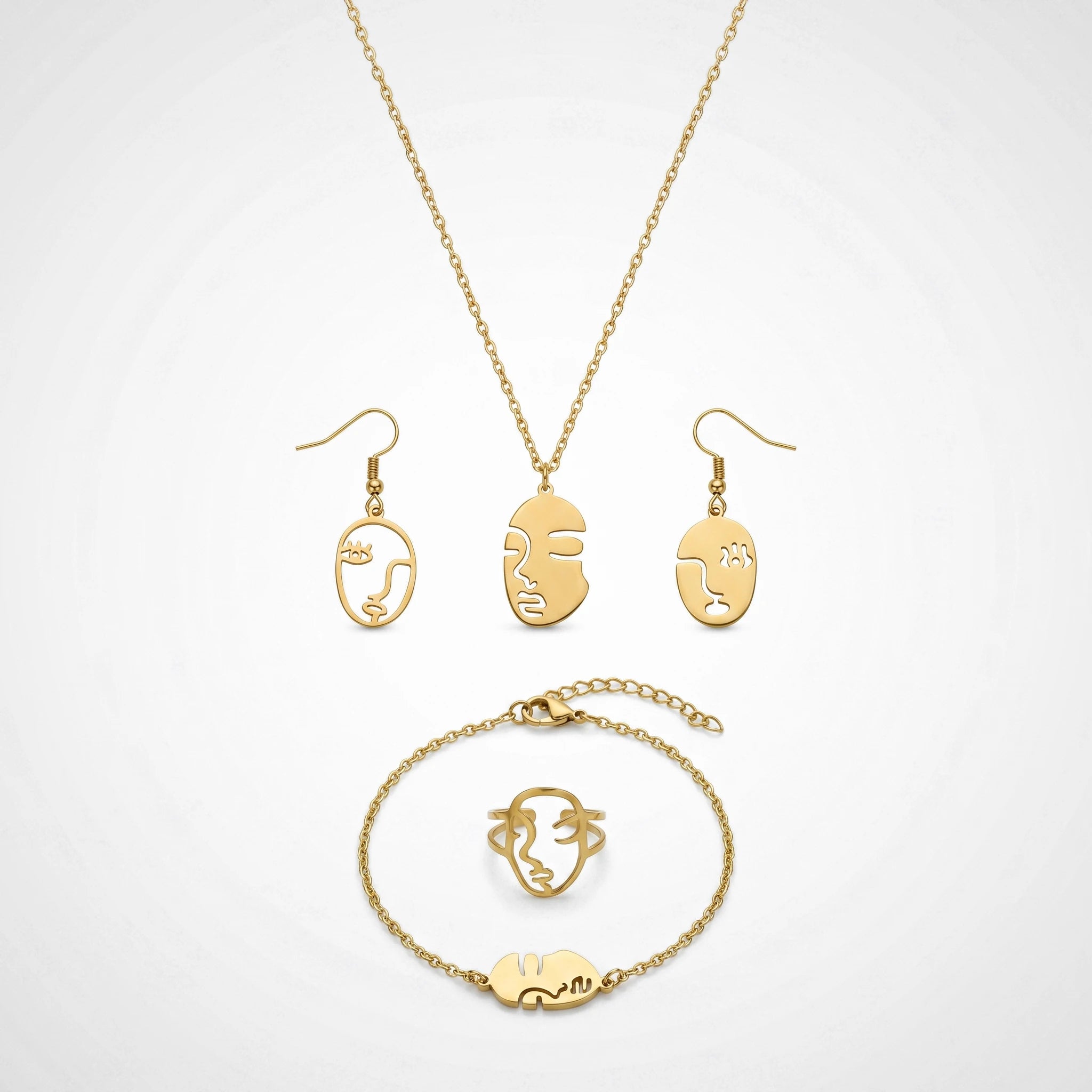 QIAOREN12141Ins Minimalist Abstract Human Face Cutout Stainless Steel 4 in 1 Jewelry Set Gold Plated Ladies Jewelry  Europe USA