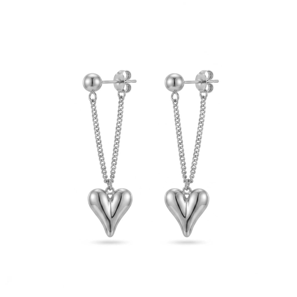 QIAOREN11874 Trendy 3D Puffy Heart Chain Earrings Stainless Steel Gold Ball Stud Bold Love Dangle Jewelry for Women US EU