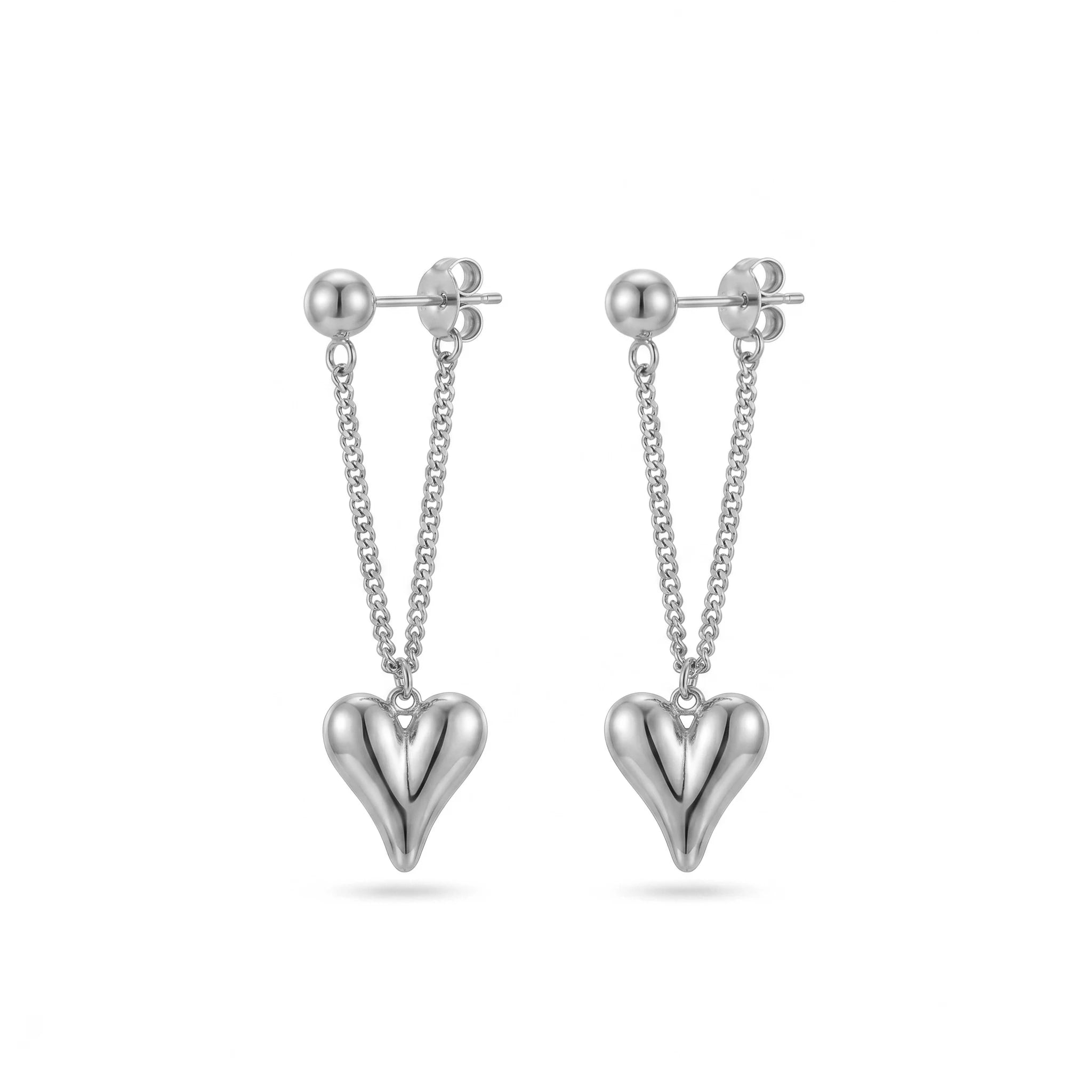 QIAOREN11874 Trendy 3D Puffy Heart Chain Earrings Stainless Steel Gold Ball Stud Bold Love Dangle Jewelry for Women US EU