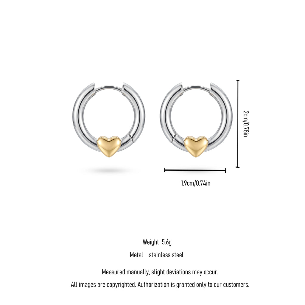 QIAOREN 12756 Hypoallergenic Silver Huggie Hoop Earrings With Gold Heart Charm Stainless Steel Contrast Ear Jewelry