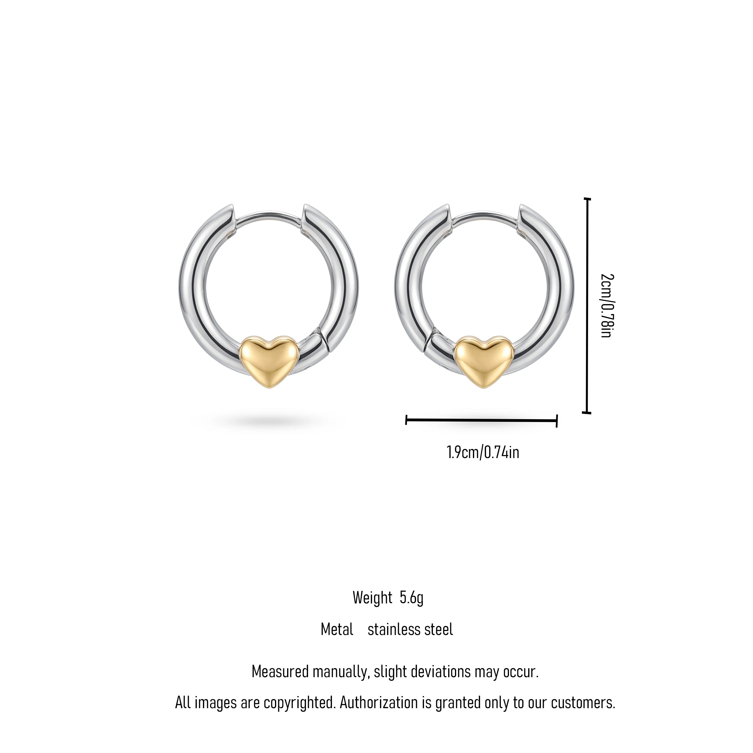 QIAOREN 12756 Hypoallergenic Silver Huggie Hoop Earrings With Gold Heart Charm Stainless Steel Contrast Ear Jewelry