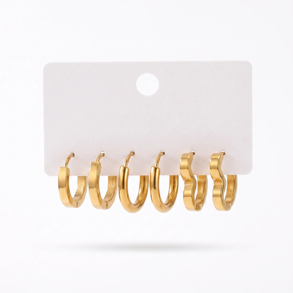 QIAOREN 14474 3 Pair Gold Stainless Steel Huggie Hoop Earrings Set, Flat Square, Thick Round & Wavy Shape