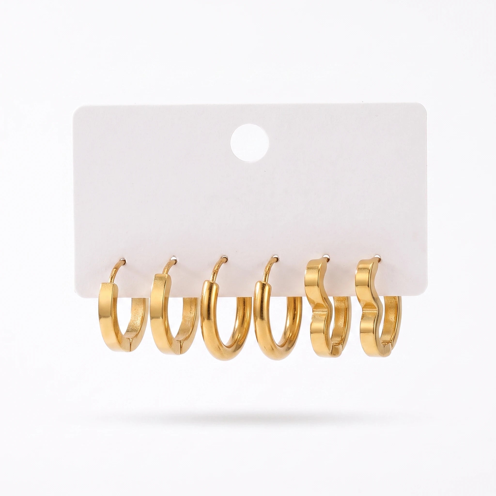QIAOREN 14474 3 Pair Gold Stainless Steel Huggie Hoop Earrings Set, Flat Square, Thick Round & Wavy Shape