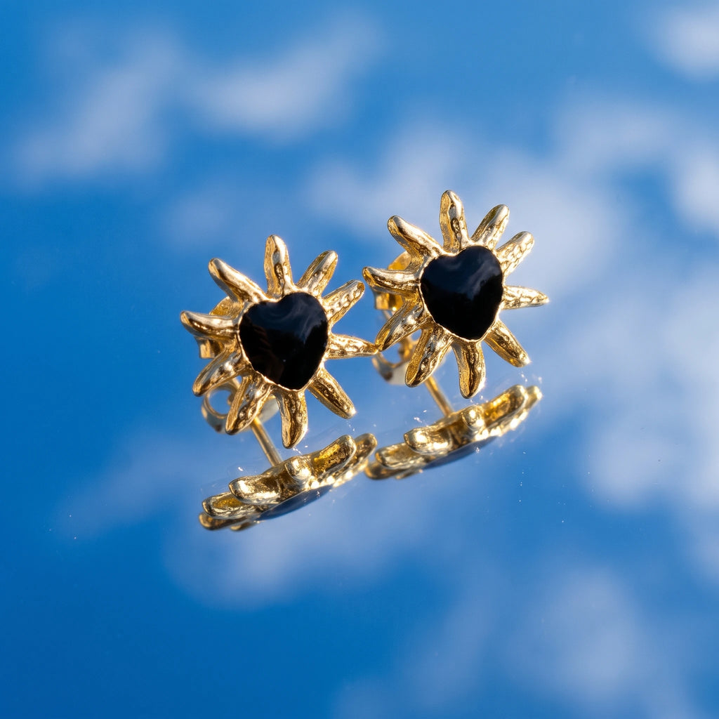 QIAOREN 14035 Matte Gold Sunburst Heart Stud Earrings, Irregular Spike Sun Shape With Black Enamel Heart Center