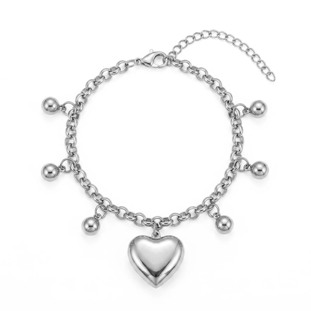 QIAOREN 11428 Rust Proof Waterproof 18K Gold Plated Stainless Steel Puffy Heart Ball Charm Bracelet