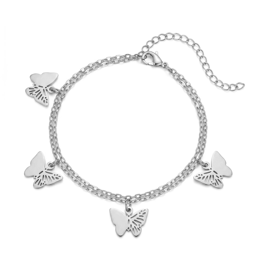 QIAOREN 11424 18K Gold Plated Stainless Steel Double Butterfly Anklet Waterproof Tarnish Free Adjustable Beach Jewelry Women